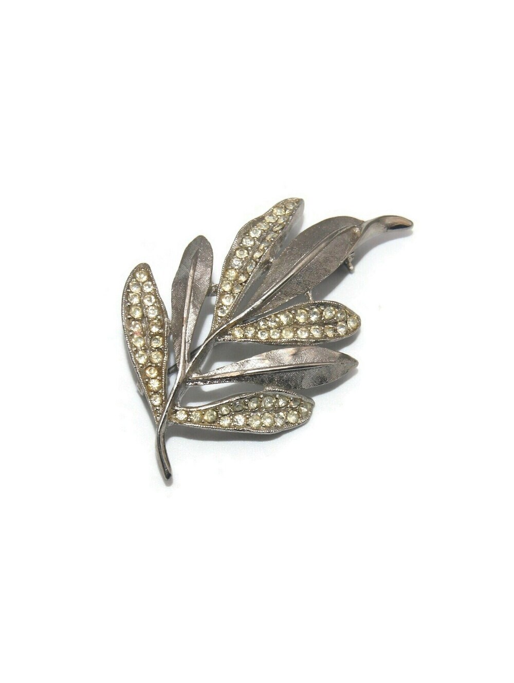 Vintage Brushed Silver Tone and Clear Paste Rhinestone Leaf Brooch.